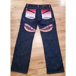 New Parish Embroidered Face Straight Leg Jeans Size 34